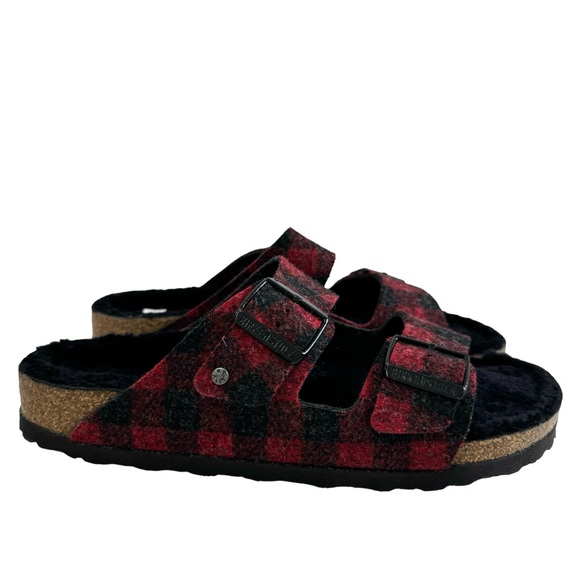Birkenstock Arizona Shearling Red/Black Buffalo Plaid Slide Sandal Size L10/ M8 - Picture 3 of 16